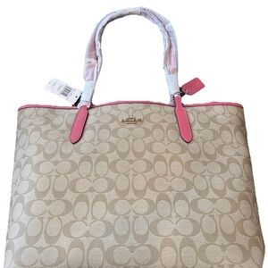 COACH 5696 Signature City Tote Bag Light Khaki/Confetti Pink Xm